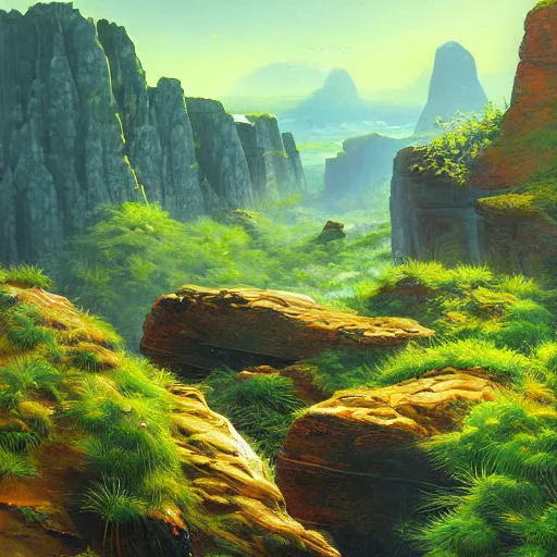 Prompt: painting of a lush natural scene on an alien planet by wojchiech siudmak. beautiful landscape. weird vegetation. cliffs and water.