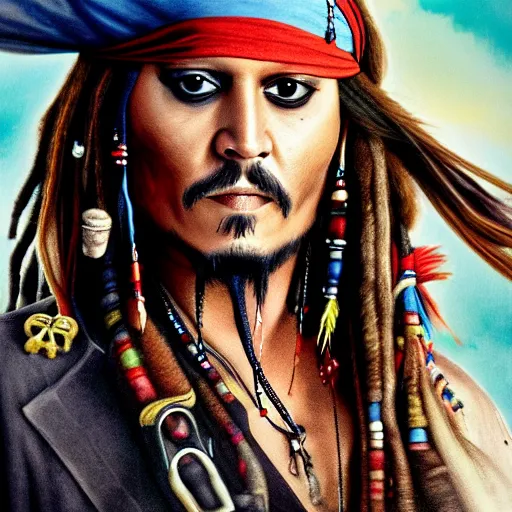 Image similar to johnny depp as jack sparrow with a parrot on the shoulder, realistic portrait, 8k resolution, hyper detailed, studio lighting, cinematic