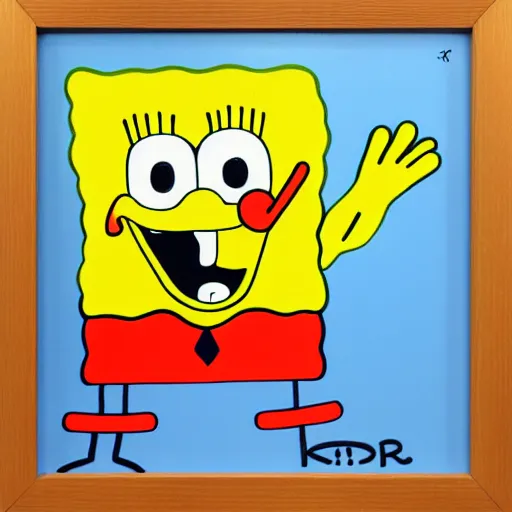 Image similar to an acrylic painting of SpongeBob, wild brush strokes, beautiful gradients, mixed media, award winning painter, symmetrical design 8k painted by KAWS