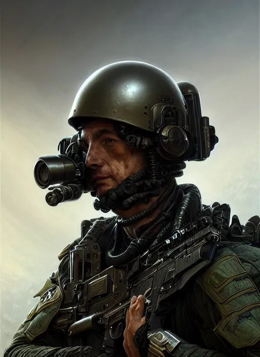 Image similar to closeup portrait shot of a swat team soldier in a scenic dystopian environment, intricate, elegant, highly detailed, centered, digital painting, artstation, concept art, smooth, sharp focus, illustration, artgerm, tomasz alen kopera, peter mohrbacher, donato giancola, joseph christian leyendecker, wlop, boris vallejo