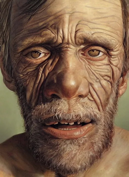 Image similar to portrait of a 7 year old boy, with old wrinkly skin and a scruffy beard, very detailed eyes, hyperrealistic, very detailed painting by Glenn Fabry, by Joao Ruas, by Artgerm