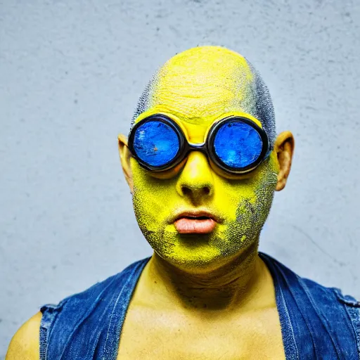 Prompt: portrait photo of a yellow man with yellow skin who is bald with wrinkles and stubble, he wears blue overalls and no shirt, he looks like a human minion, he has big bubbly silver goggle, moody cinematic lighting, realistic facial features, hyper detailed, crisp image, leica, 2 4 mm lens