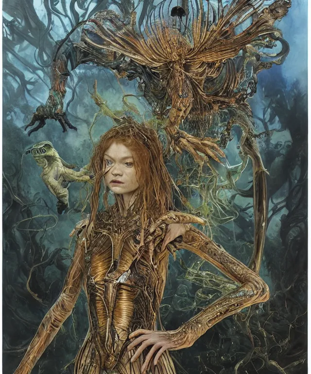 Prompt: a portrait photograph of a fierce sadie sink as an alien harpy queen with slimy amphibian skin. she is trying on black latex bulbous slimy organic membrane parasitic opera gloves and transforming into an insectoid amphibian. by donato giancola, walton ford, ernst haeckel, brian froud, hr giger. 8 k, cgsociety