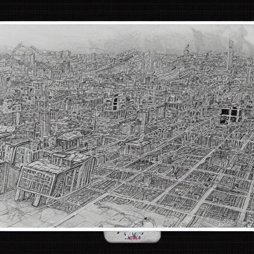 Image similar to pencil sketch of fully destroyed city after nuke bird view, high details