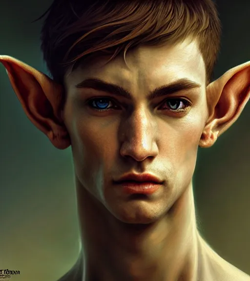 Prompt: portrait of a male elf in heightened detail, poised, intense emotion, detailed facial expression, 8 k, hyperrealistic, detailed surroundings, intricate, elegant, highly detailed, centered, digital painting, cgsociety, concept art, smooth, sharp focus, illustration, by ( ross tran ), wlop