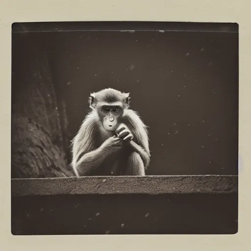 Image similar to sepia polaroid of a monkey eating a hot dog on a rooftop in the rain, hyper realistic, dark, gothic, nightcore, 4 k, highly detailed, beautifully rendered