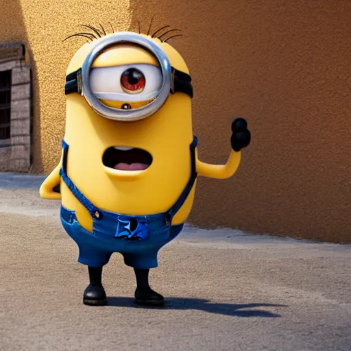 Image similar to super cute minion walking on a sunny Andalusian village, movie still, 4k