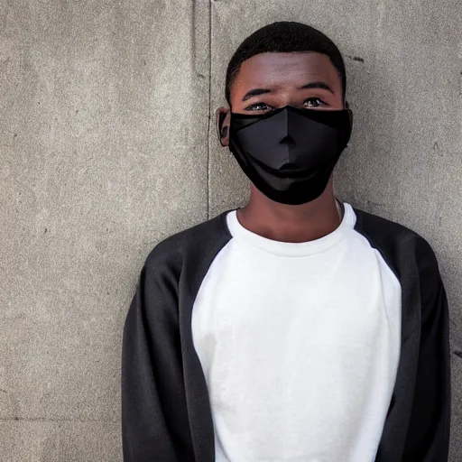 Prompt: professional digital art of a young adult man with short hair wearing a black face mask and a dark sweatshirt leaning against a wall, high quality, HD, 8K, highly detailed, award-winning