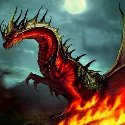 Prompt: fantasy hell dragon from lord of the rings with flames coming from its eyes