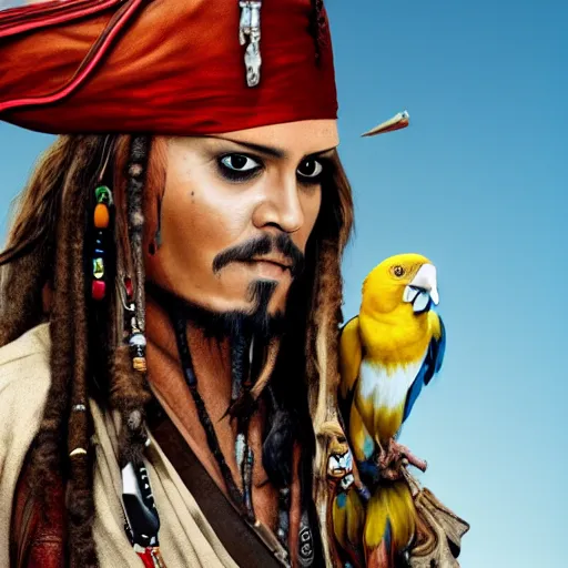 Image similar to jack sparrow with a parrot on the shoulder, portrait, 8k resolution, hyper detailed, realistic eyes, studio lighting, cinematic