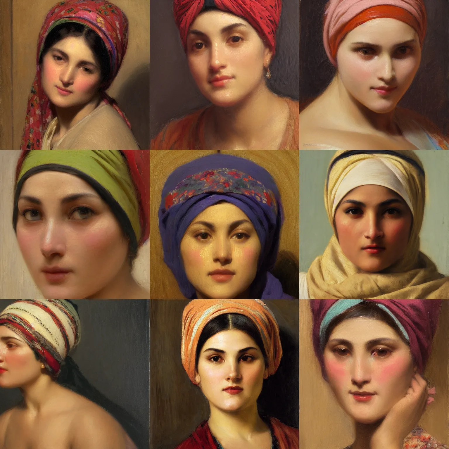 Prompt: orientalism face detail of a cute woman with a headscarf by edwin longsden long and theodore ralli and nasreddine dinet and adam styka, masterful intricate art. oil on canvas, excellent lighting, high detail 8 k