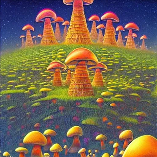 Prompt: glowing mushroom village, art by ricardo bofill, james christensen, rob gonsalves, paul lehr, and tim white