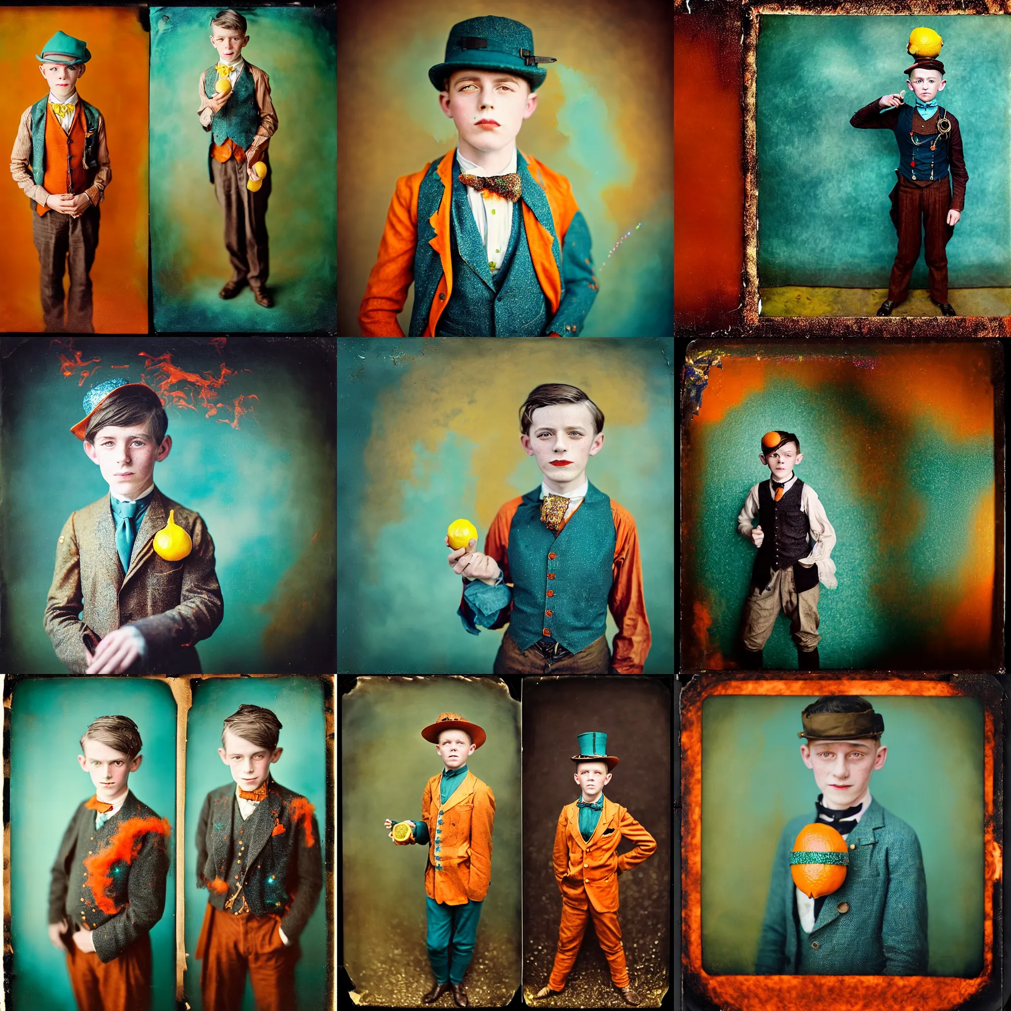Prompt: kodak portra 4 0 0, wetplate, motion blur, portrait photo of a handsome looking 8 year old steampunk boy in the 1 9 2 0 s in hell fire, wearing a lemon, 1 9 2 0 s cloth, 1 9 2 0 s hair, coloured in teal and orange, muted colours, by britt marling, glitter storm