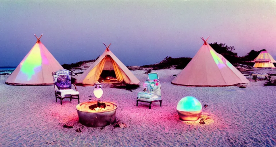 Image similar to a vintage family holiday photo of an empty beach from an alien dreamstate world with chalky pink iridescent!! sand, reflective lavender ocean water, dim bioluminescent plant life and an igloo shaped plastic transparent bell tent surrounded by holiday clutter opposite a fire pit with an iridescence blue flame. refraction, volumetric, light.