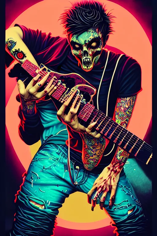 Image similar to zombie punk rocker playing guitar, tristan eaton, victo ngai, artgerm, rhads, ross draws, intricated details, 3 / 4 view, full body portrait, extremely luminous bright design, horror, pastel colours, toxic drips, autumn lights