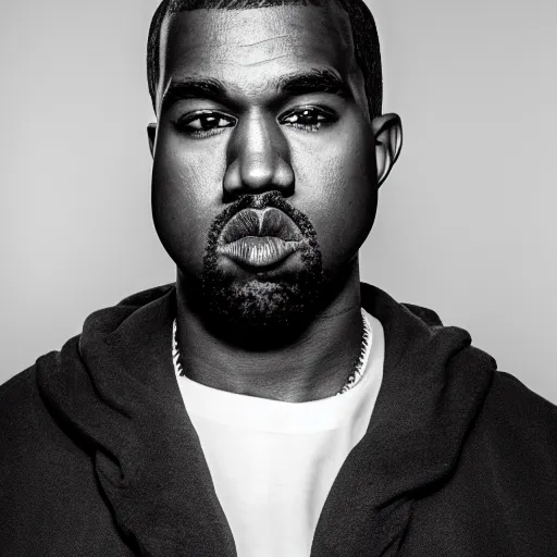 Prompt: the face of young kanye west wearing yeezy clothing at 2 0 years old, black and white portrait by julia cameron, chiaroscuro lighting, shallow depth of field, 8 0 mm, f 1. 8