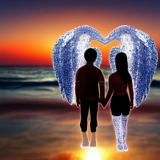 Prompt: a male and a female angels holding hands, seen from the back on a beach made of shiny crystals, at sunset, highly detailed digital art, trending on artstation