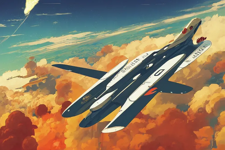 Image similar to dieselpunk digital illustration of a rocket ekranoplan low across a tropical gulf by makoto shinkai, ilya kuvshinov, lois van baarle, rossdraws, basquiat