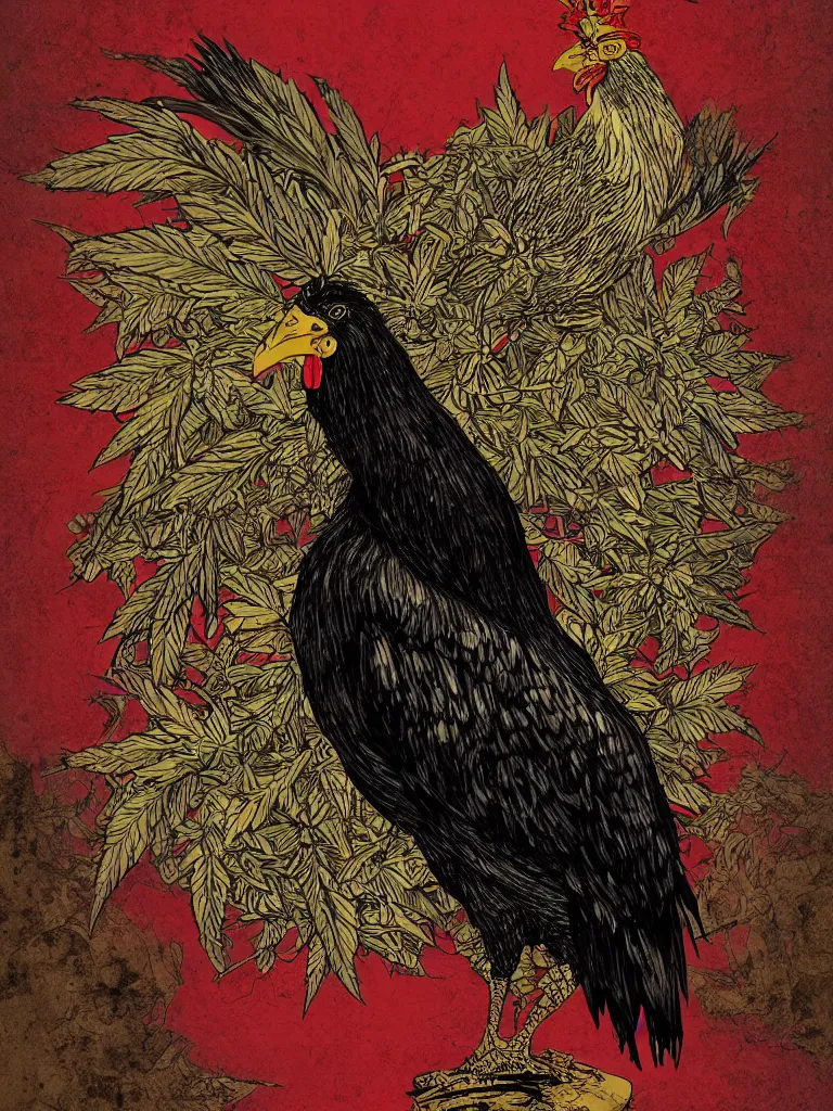 Image similar to dark military portrait of a majestic Fat!!!! Black Rooster, the King of rooster old decrepit tarot card, avian warrior, red gold black royal tarot card background, with blunt brown border and Cannabis trees, ultra-detailed pen and ink illustration, sharp focus, matte painting, symmetrical, golden ratio, cgsociety, concept art, 8k, octane render, artstation, art by Gerald Brom