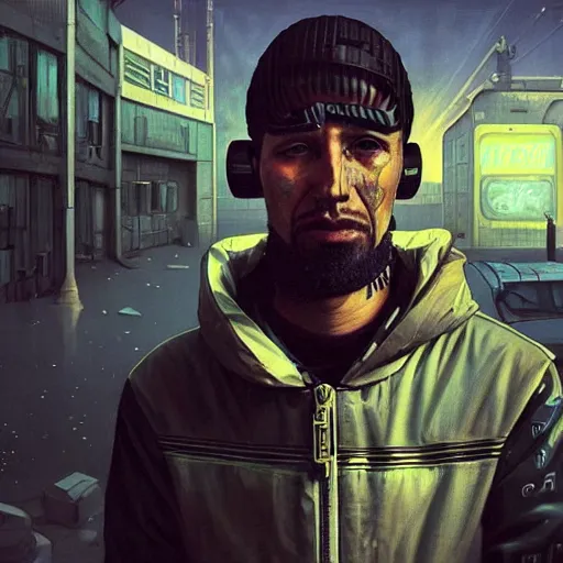 Prompt: A portrait of a cyberpunk thug guy on a parking lot in a Soviet slum on the moon, Norilsk, sci-fi, fantasy, intricate, very very beautiful, elegant, highly detailed, digital painting, artstation, concept art, smooth, sharp focus, illustration, art by artgerm and greg rutkowski and alphonse mucha and evgeny zubkov