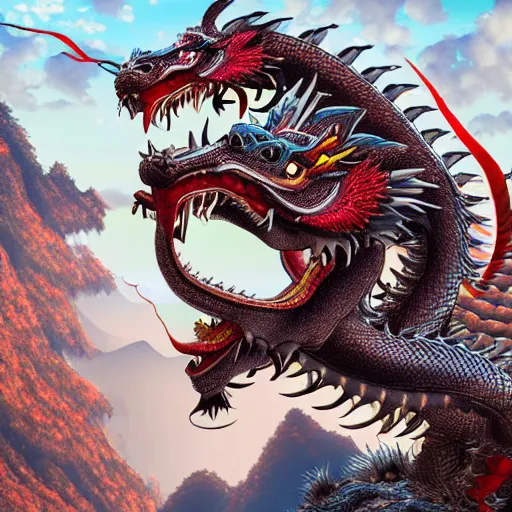 Prompt: a chinese dragon, majestic, mountains background, ultrafine hyperrealistic detailed illustration by kim jung gi, irakli nadar, intricate linework, sharp focus, bright colors, matte, gujian, final fantasy, unreal engine highly rendered, global illumination, radiant light, intricate environment