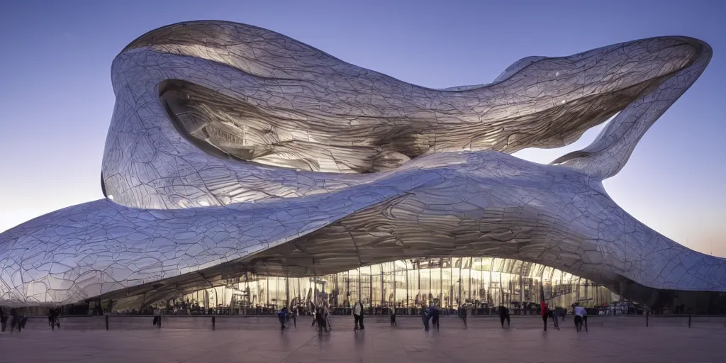 Prompt: extremely detailed ornate stunning sophisticated beautiful elegant futuristic museum exterior by Zaha Hadid, stunning volumetric light, stainless steal, concrete, translucent material, beautiful sunset, tail lights