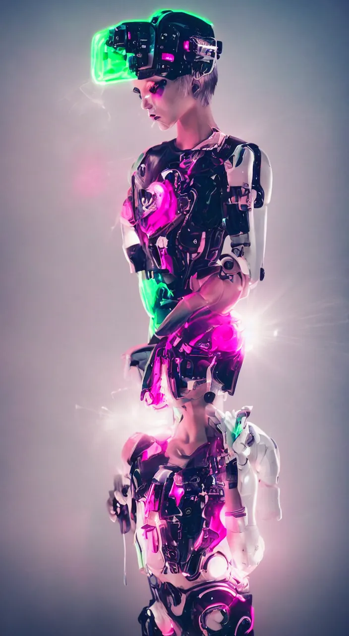 Prompt: woman, android, robot, cyberpunk, short white hair, wind in hair, tattoos, green pink neon lights, hard light, lense flares, glamour, vogue photoshoot, fashion, short dress, red dress, sexy dress, desert, night sky, sweat, hot temperature