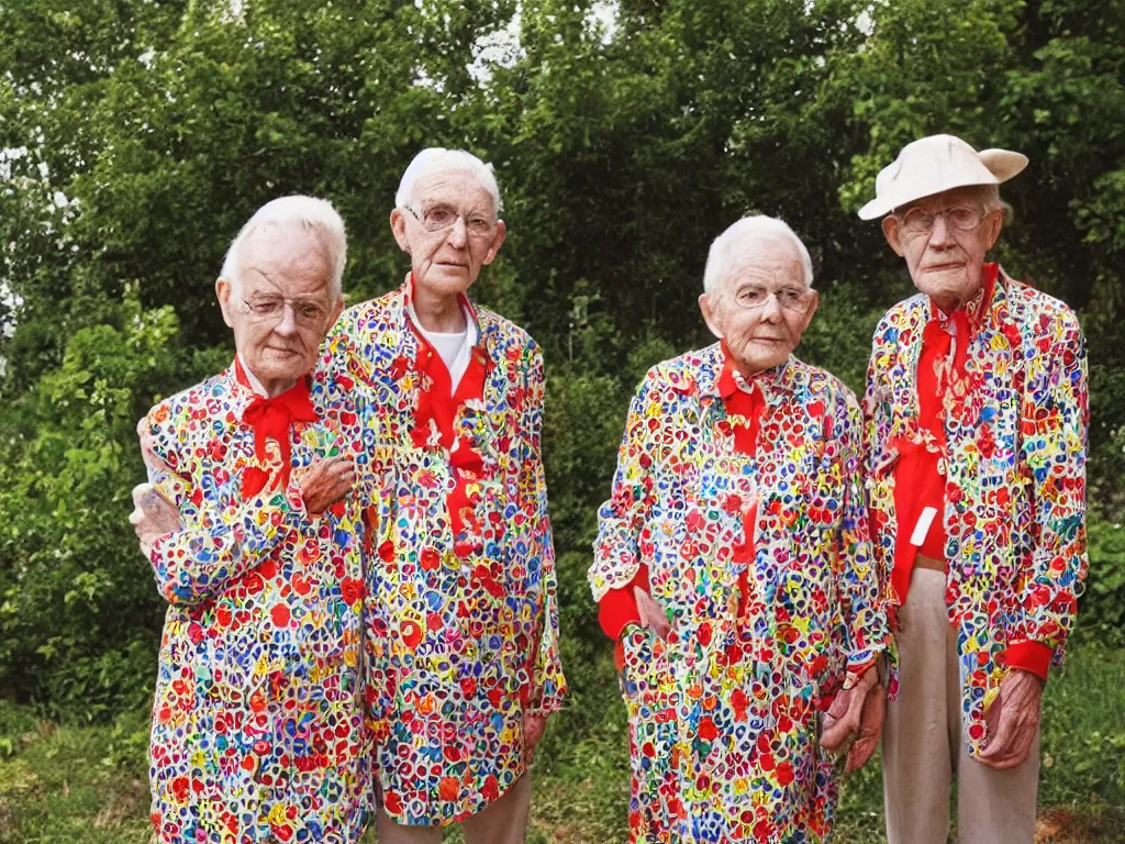 Image similar to a martin parr photo of a grandpa couple, wearing codex seraphinianus costumes