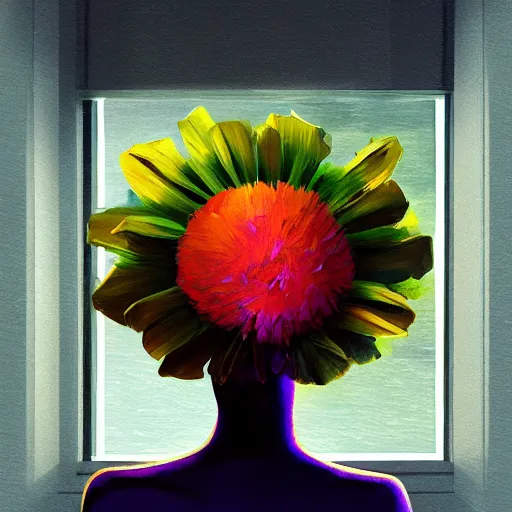 Image similar to closeup, giant flower head, woman next to modern windows, luxury apartment, surreal photography, dramatic light, impressionist painting, digital painting, artstation, james gilleard