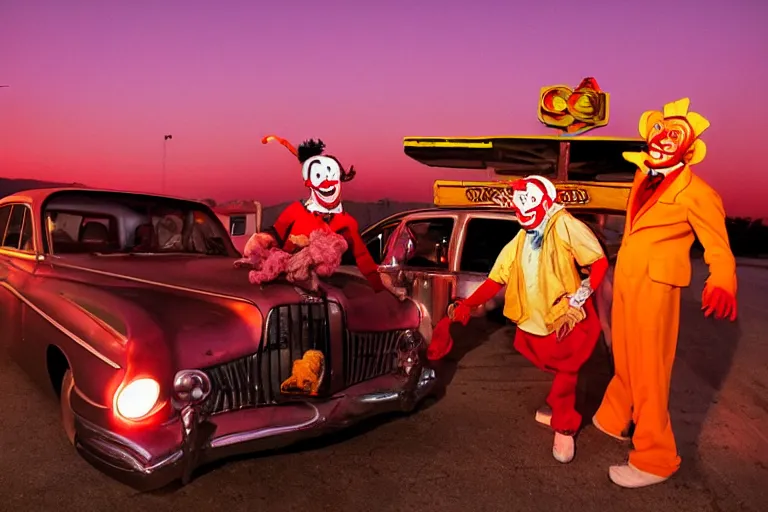 Image similar to 2 0 clowns leaving a clowncar at a california drive in, in 2 0 1 2, cutecore clowncore, bathed in the the glow of the sunset, low - light photograph, in style of monkeybone