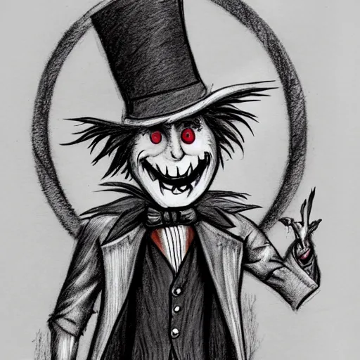 Image similar to a Pop Wonder scary horror themed goofy-hilarious-character Jack-Frost-Babadook-scarecrow-madhatter-williewonka-wearing a scarf with RED-Eyes, 3-piece-suit, dime-store-comic drawn with charcoal and pen and ink, half-tone-line-stacking