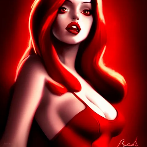 Image similar to realistic jessica rabbit red dress, character headshot portrait, sharp, digital matte painting, art by luis royo, greg rutkowski, wlop, dramatic lighting, trending on artstation