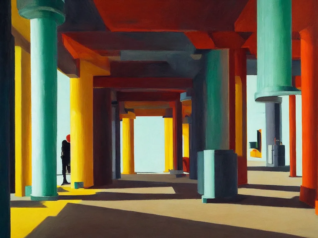 Prompt: colorful minimalist industrial interior hallway with monolithic pillars in the style of ridley scott and stanley kubrick, impossible stijl architecture, science fiction, lone silhouette in the distance, ultra wide angle view, realistic detailed painting by edward hopper