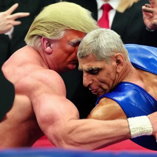 Prompt: an extremely buff Donald Trump wrestling a weak Anthony Fauci