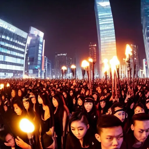 Image similar to 4 k wide angle gigantic army of instagram models surrounding the futuristic chinese tik tok headquarters during a protest with torch lighting at dusk