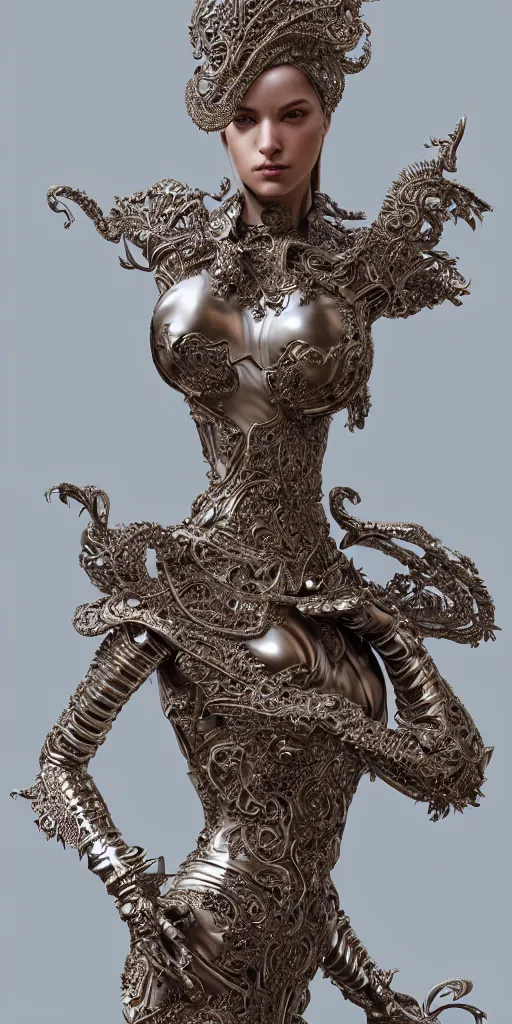 Image similar to a photo of a female in wearable sculpture art, ornate, metal works, intricate details, elegant, highly detailed, digital photography, artstation, glamor pose, concept art, smooth, sharp focus, art by artgerm and greg rutkowski, 3 d character, whole body, full body, film, photorealistic, unreal engine