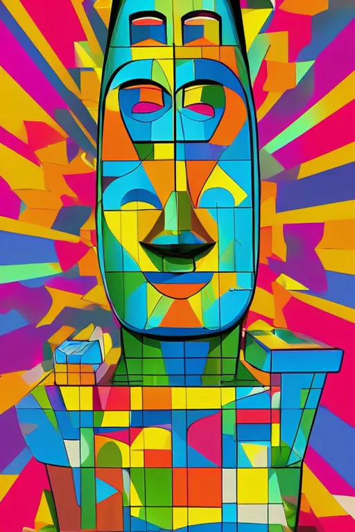 Image similar to cubist moai statue cutout digital illustration cartoon colorful beeple