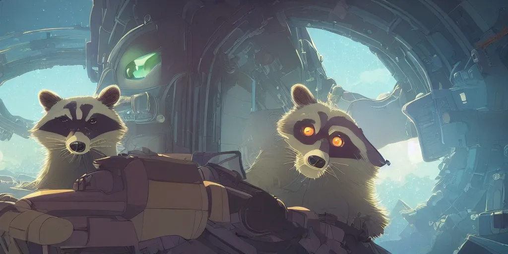 Prompt: a stylized 2 d cinematic keyframe of a cybernetic raccoon, joy gaze, cel - shaded, classical animation, edge to edge print, rendered by studio ghibli, artgerm, alyssa monks, andreas rocha, david kassan, neil blevins, rule of thirds, golden ratio, ambient lighting