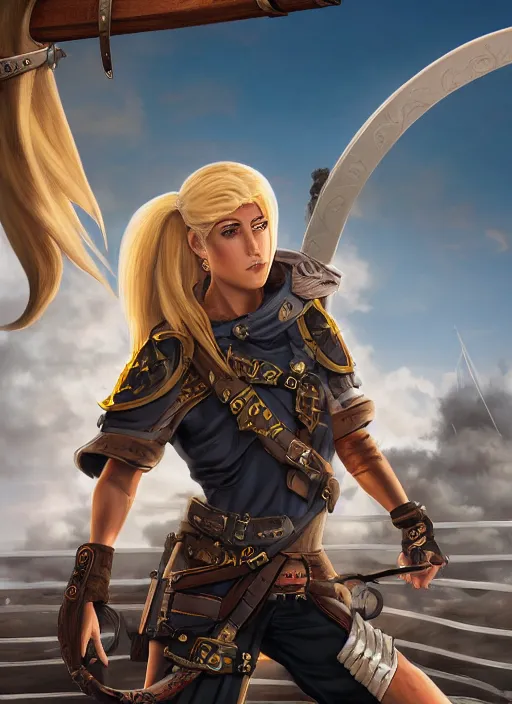 Image similar to An epic fantasy comic book style portrait painting of tall blonde haired female sky-pirate with a serious face and a pony tail in front of a metal gangplank in the style of the wheel of time, unreal 5, DAZ, hyperrealistic, octane render, cosplay, RPG portrait, dynamic lighting