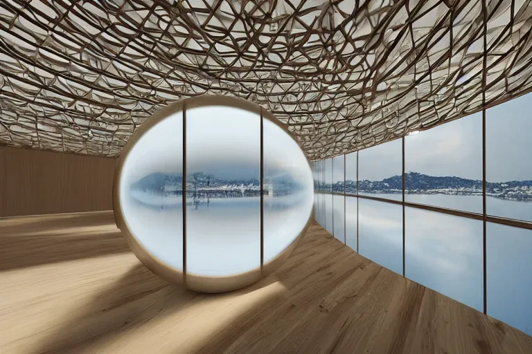 Image similar to a building interior formed by the intersection and fusion of many multi white spherical egg shaped spaces, on the calm lake surface, people's perspective award winning, highly detailed 4 k art, dusk, unreal engine highly rendered, global illumination, radial light, internal environment by kazuyo sejima