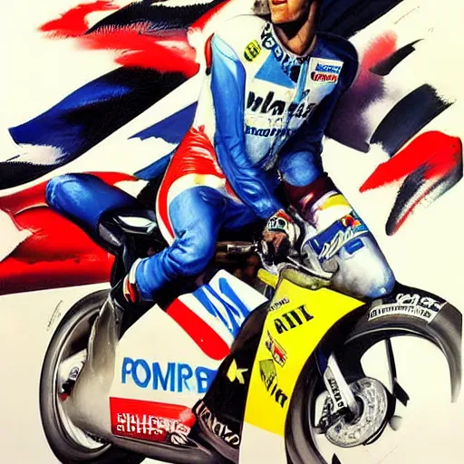 Prompt: photorealistic picture, by bob peak and alex ross, moto gp ads in 1 9 9 0 s, gouache and wash paints, fine details, fine intricate, fine facial proportionate, fine body proportionate, fine body posse, smooth sharp focus, sharp focus