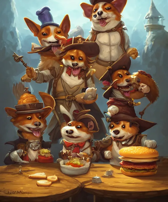 Prompt: a portrait of three anthropomorphic corgi pirates eating hamburgers and fries, restaurant in background, cute and adorable, dnd character art portrait, well rendered matte fantasy painting, deviantart artstation, by jason felix by steve argyle by tyler jacobson by peter mohrbacher, cinematic lighting