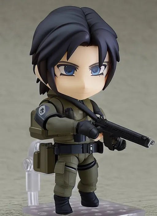 Image similar to a nendoroid of a solid snake, metal gear solid, detailed product photo