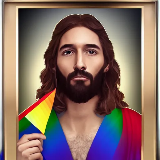 Image similar to super very gay jesus, jesus holding gay flag, jesus kissing a man, realistic gay jesus, 4 k, trending on artstation, beautiful, gay, gay pride, jesus, christian, studio lighting