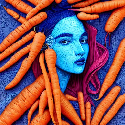 Prompt: a beautiful head of a woman made of carrots and blueberries, an ultrafine detailed illustration by james jean, intricate linework, bright colors, behance contest winner, vanitas, angular, altermodern, unreal engine 5 highly rendered, global illumination, radiant light, detailed and intricate environment