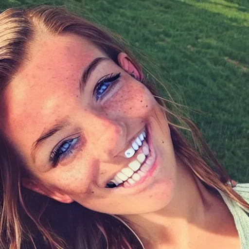 Prompt: a trending photo of over a million views from a female fashion model's instagram account, summer, freckles, smile, green eyes, natural, easygoing, healthy