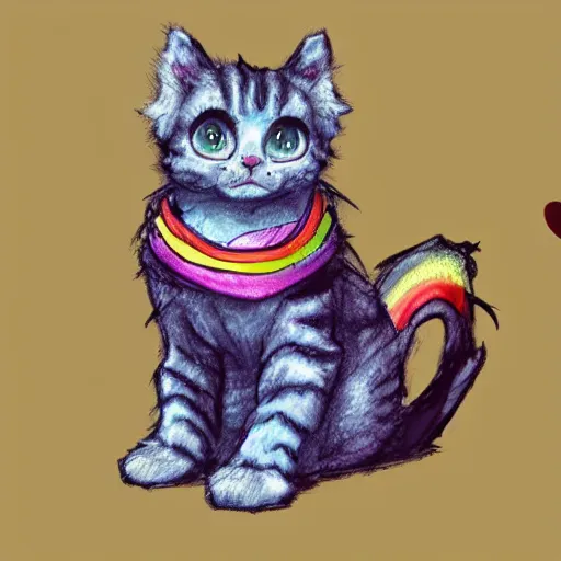 Image similar to wide angle full body, of a fluffy cute rainbow kitten wearing a black leather motorcycle jacket, concept art