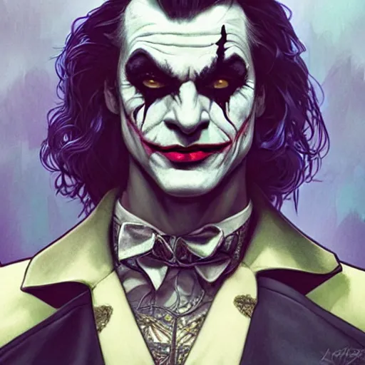 Image similar to [Riff Raff as the Joker, closeup, D&D, intricate, elegant, highly detailed, digital painting, artstation, concept art, matte, sharp focus, illustration, art by Artgerm and Greg Rutkowski and Alphonse Mucha]