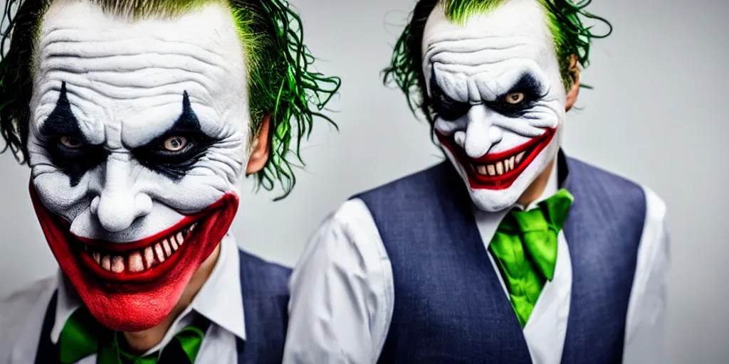 Image similar to joker wearing a suit style, photograph, grinning, creepy,