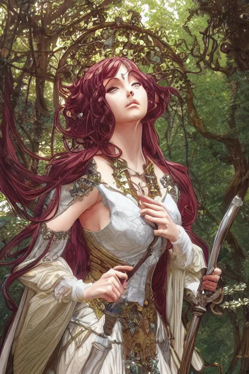 Image similar to anime key visual of amora the enchantress wearing a medieval gown!! intricate, magical forest, stunning, highly detailed, digital painting, artstation, smooth, hard focus, illustration, art by artgerm and greg rutkowski and alphonse mucha